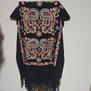 Embroidered Black Shawl with Multicolor Paisley Design